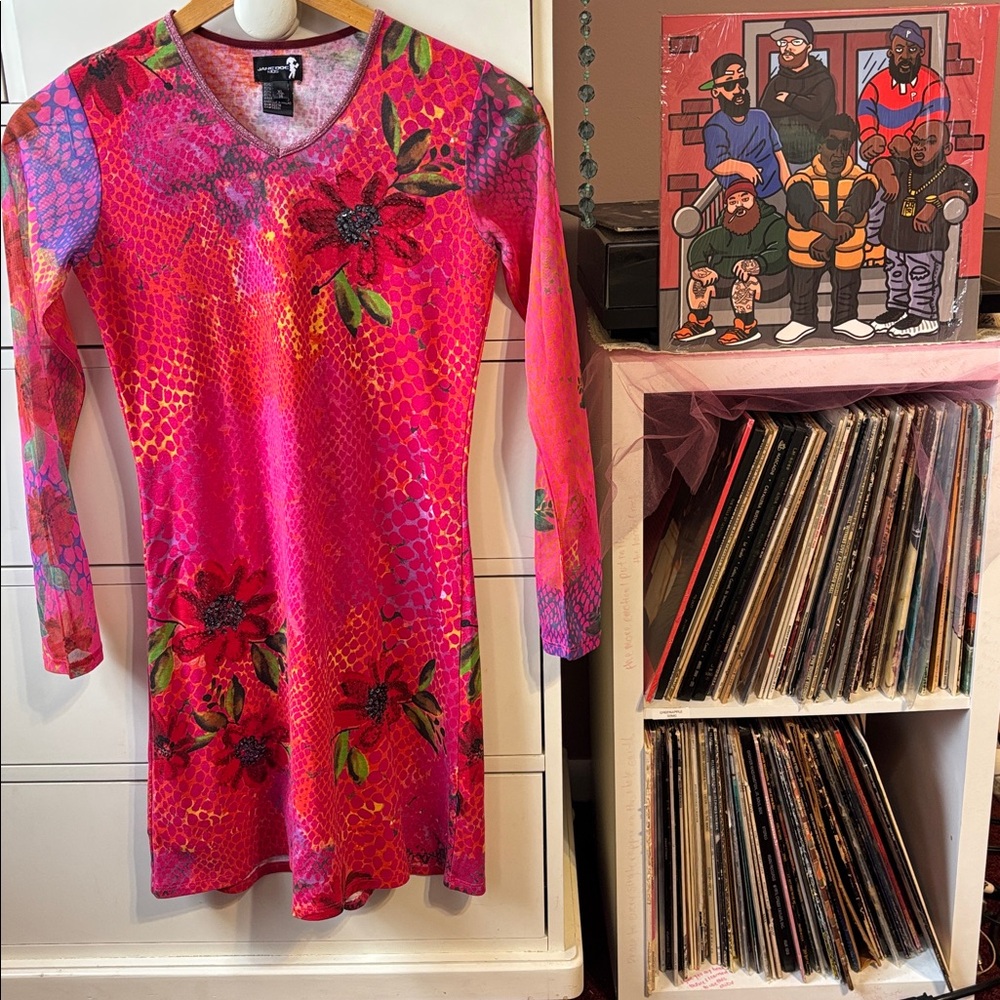 Y2K Vintage Long Mesh Sleeve Mini Dress Beaded Red Pink Custo Barcelona 90’ S Xs